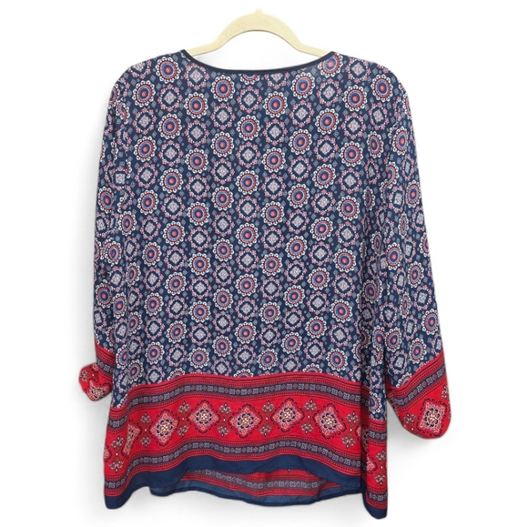 Sharagano Women's 2X Boho Tie Front Blouse V-Neck Elastic Cuffs Tunic Top Flowy - Picture 3 of 6